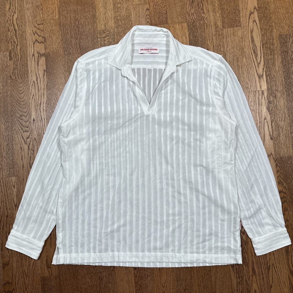 Orlebar Brown Ridley Tonal Striped Chenille White L/S Polo Shirt Mens XL